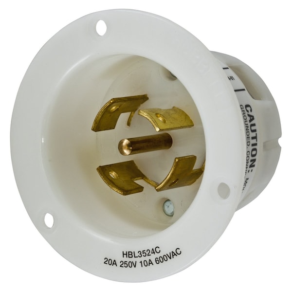 Flanged Locking Inlet, Non-NEMA, 20/10 A, 250/600V AC, Three Phase, 4 Pole, Flush Mount, White